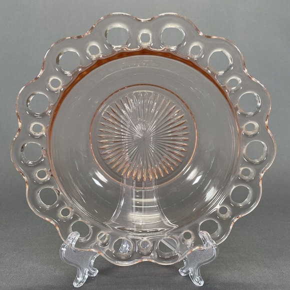 Anchor Hocking Old Colony Open Lace Salad Bowl 7 3/4" Pink Depression 1935-1938 - Picture 4 of 7